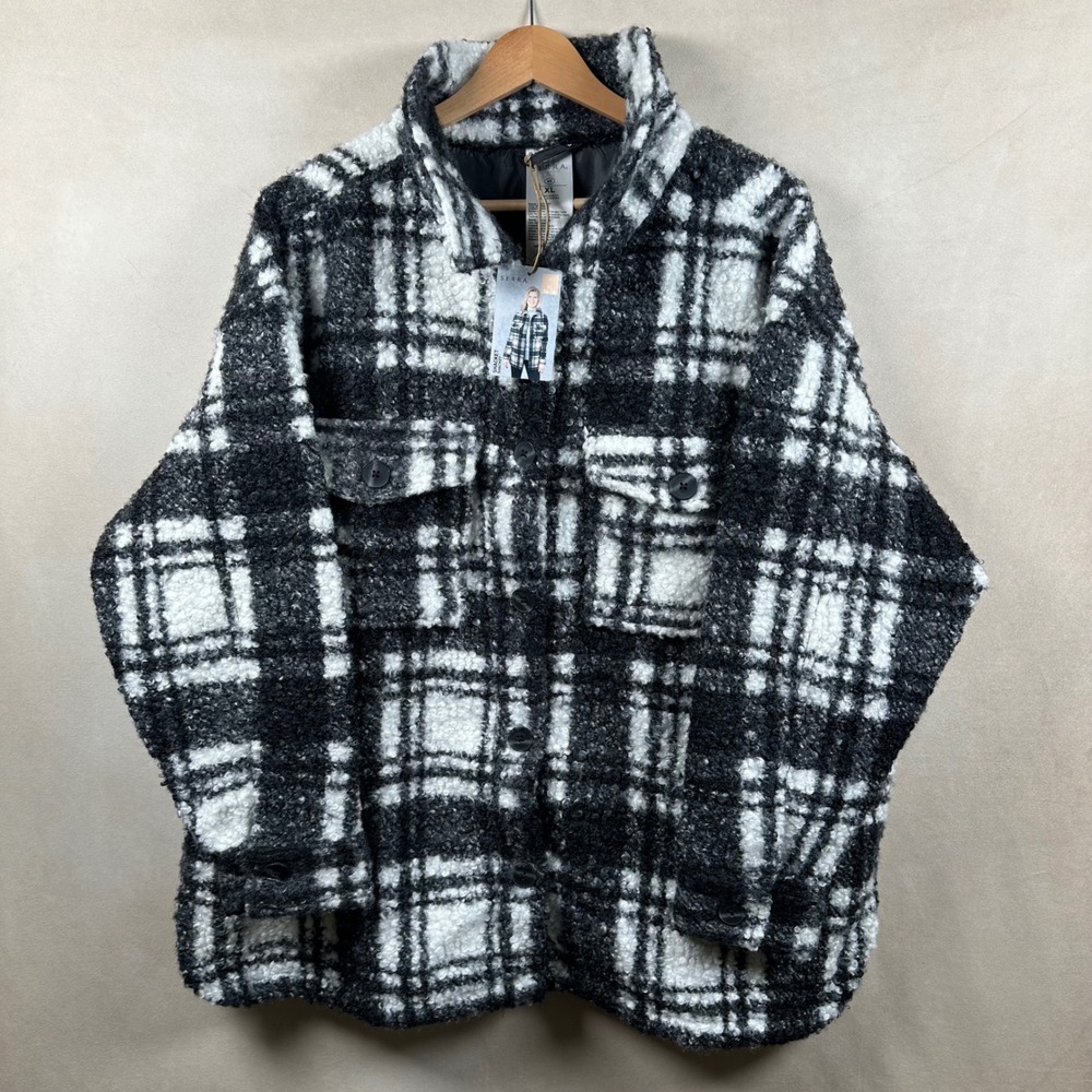 Serra Sherpa Shacket Jacket Women XL Black White Plaid Boucle Button Front NWT